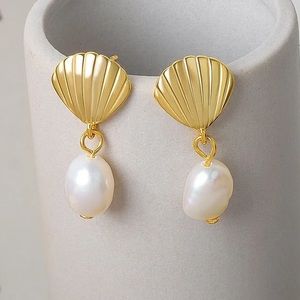 New 18K Gold Vermeil Sterling Silver 925 seashell pearl earrings